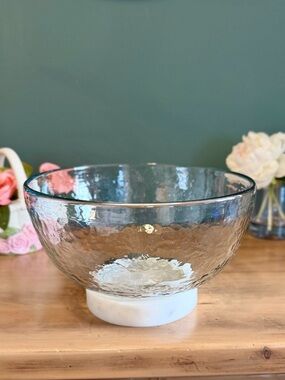 Hammered Glass Serving Bowl w Marble Base Large Centerpiece